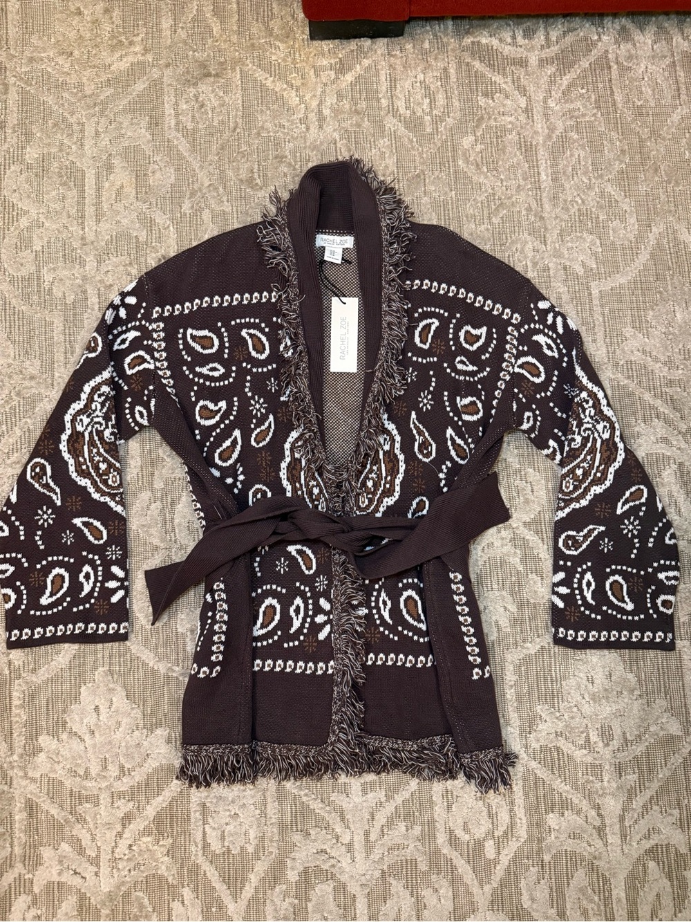 NWT Rachel Zoe Brown Bandana Paisley Fringe Belted Cardigan Jacket Size Medium